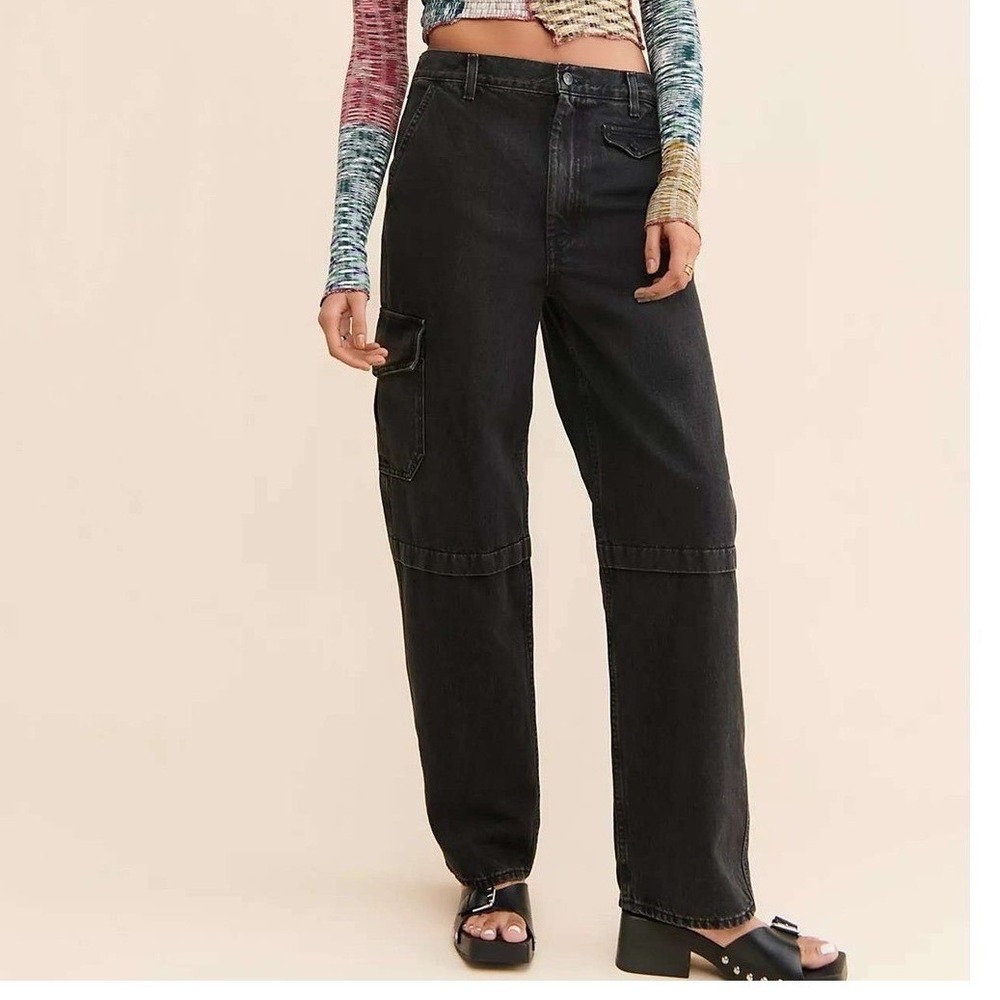 Free People Black Cargo Jeans Size 26 Edwin Tess Mid Rise Relaxed